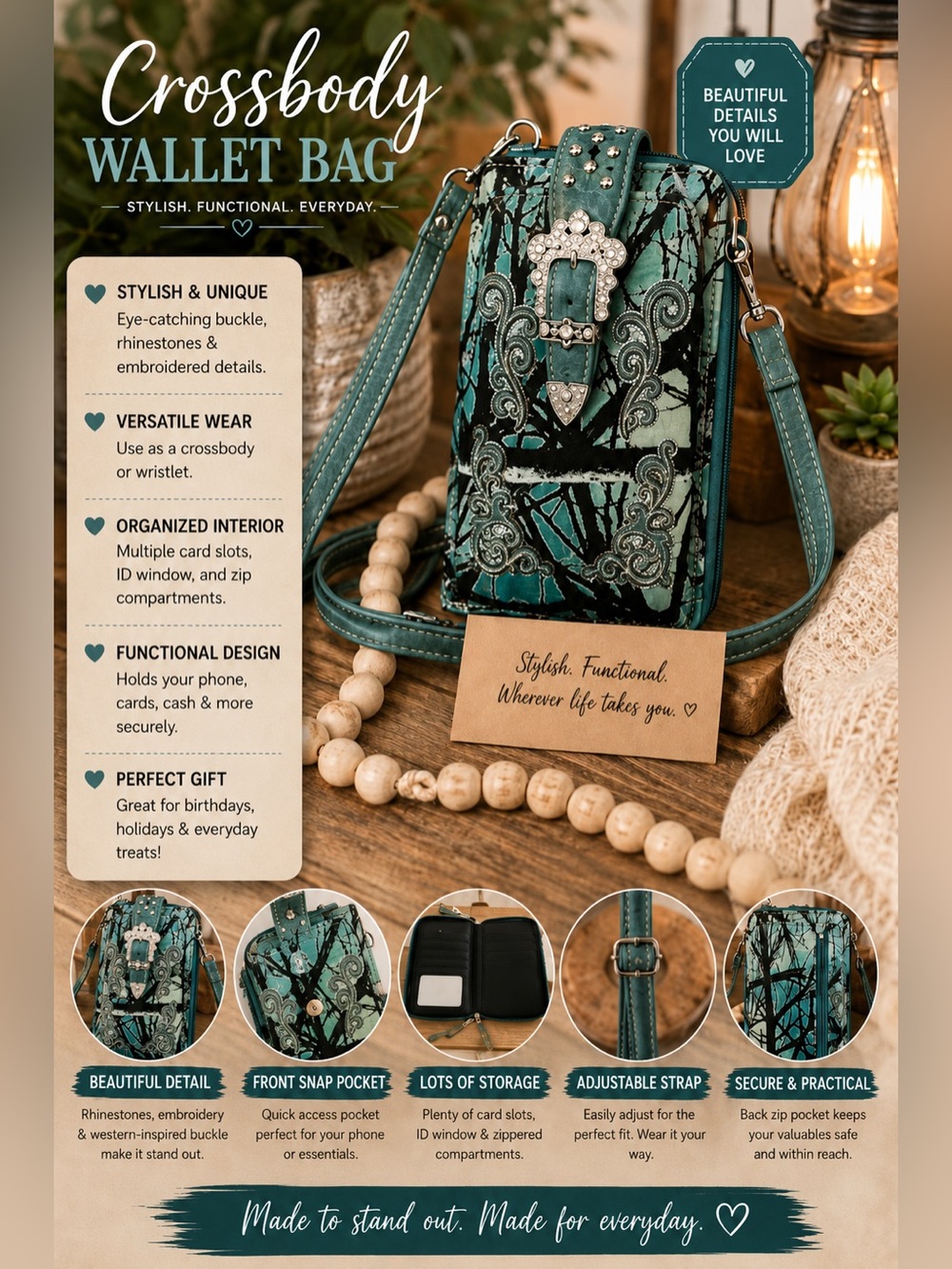 Embroidered Rhinestone Camo Canvas Crossbody Wallet Bag Teal Black Phone Case